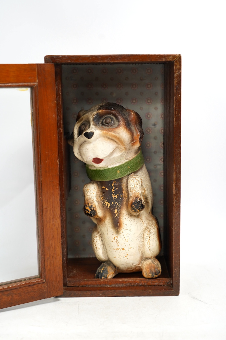 Two vintage printed card dog biscuit boxes, one with a Spratt’s collar, the other mahogany cased, 30cm high. Condition - fair